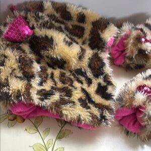 Leopard Print Kids Furry Scarf and Gloves Set